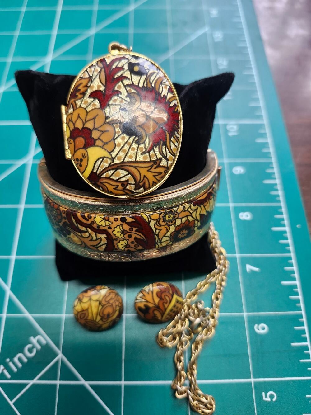 Gullioche style Paisley enamel locket necklace bangle bracelet clip-on earrings